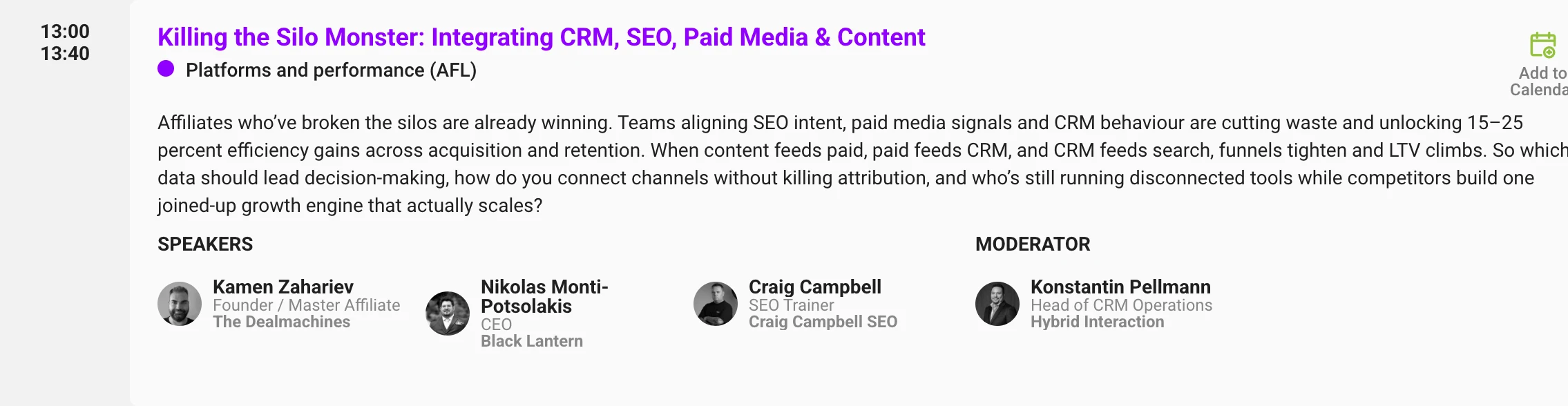 Day 1, 13:00 — Killing the Silo Monster session card from the Affiliate Leaders Summit agenda
