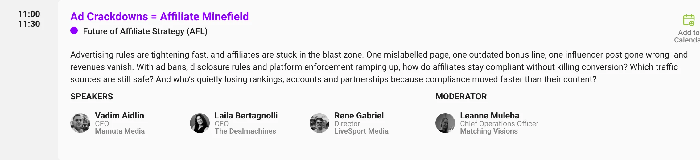 Day 2, 11:00 — Ad Crackdowns = Affiliate Minefield session card from the Affiliate Leaders Summit agenda